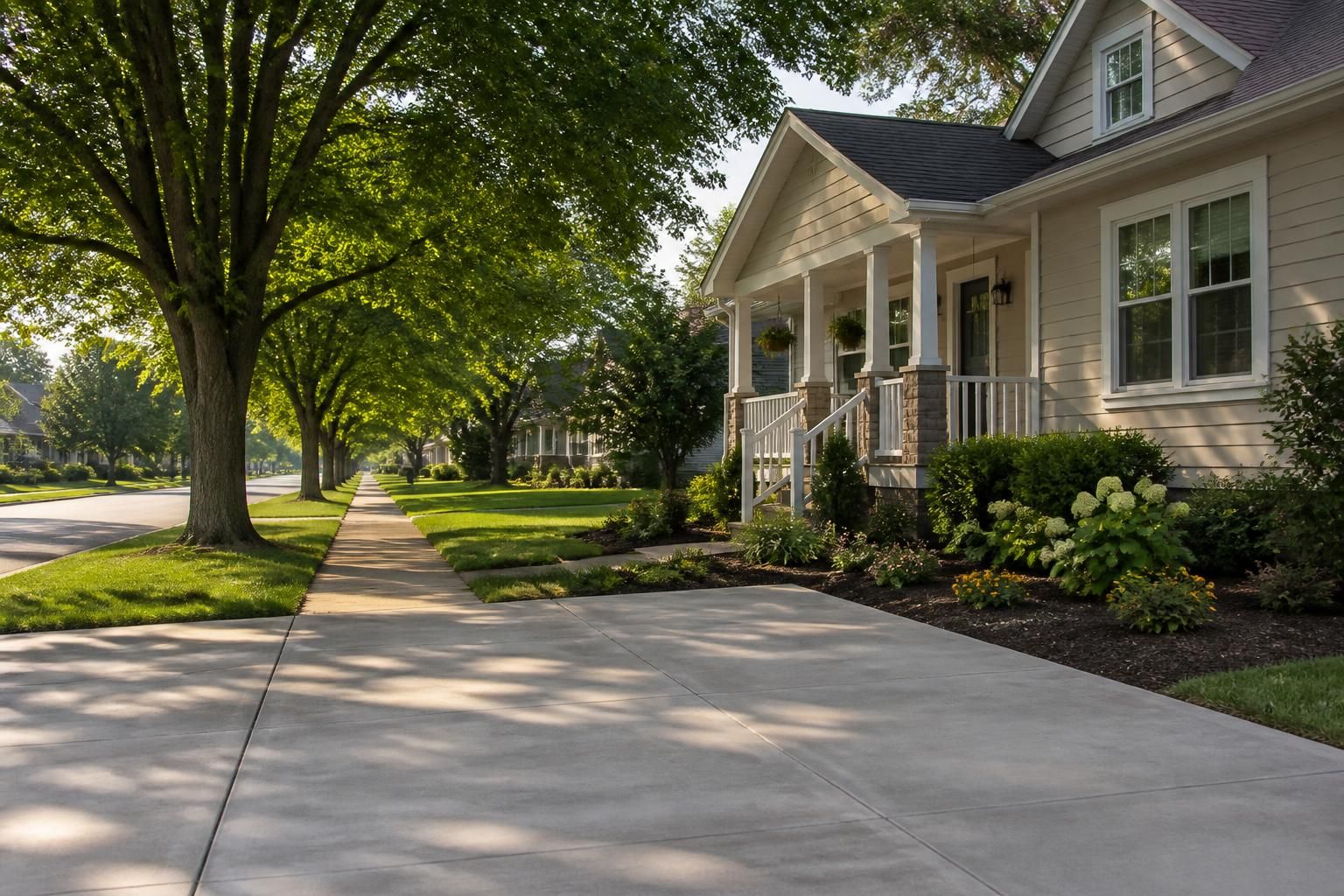 Small-town street with trees and a finished sidewalk.