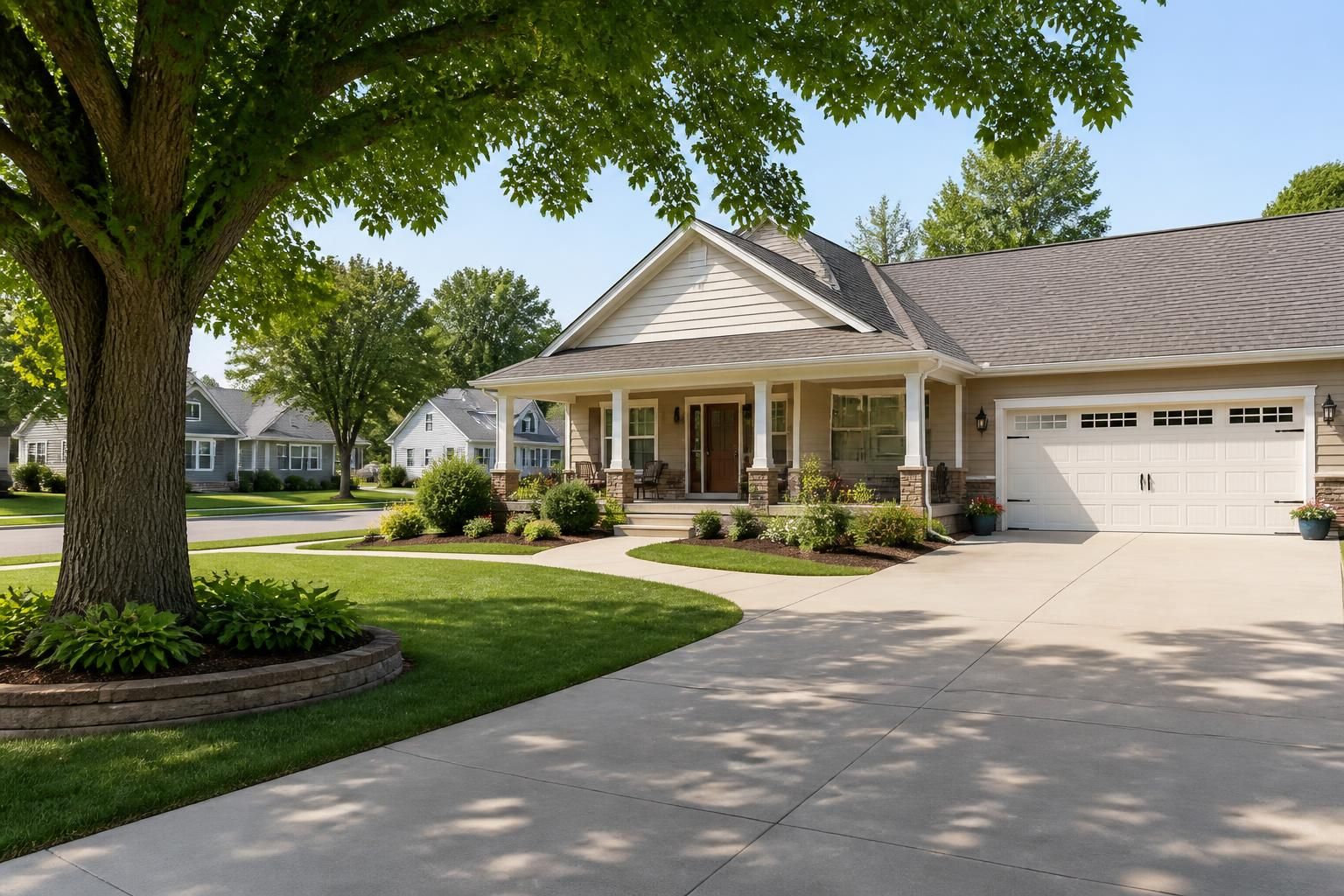 Small-town homes with a polished concrete driveway.