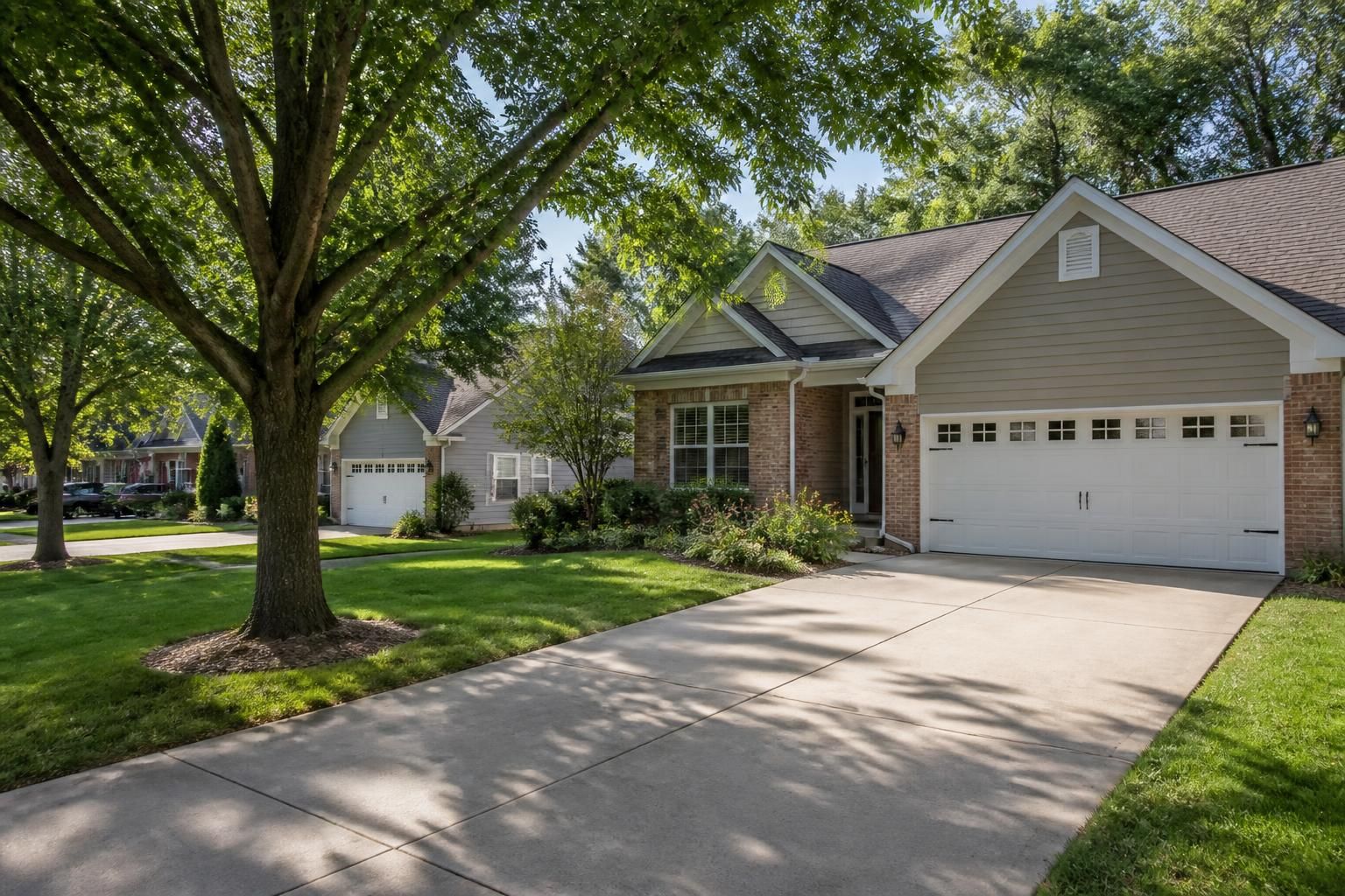 Welcoming suburban street with homes and a clean driveway.