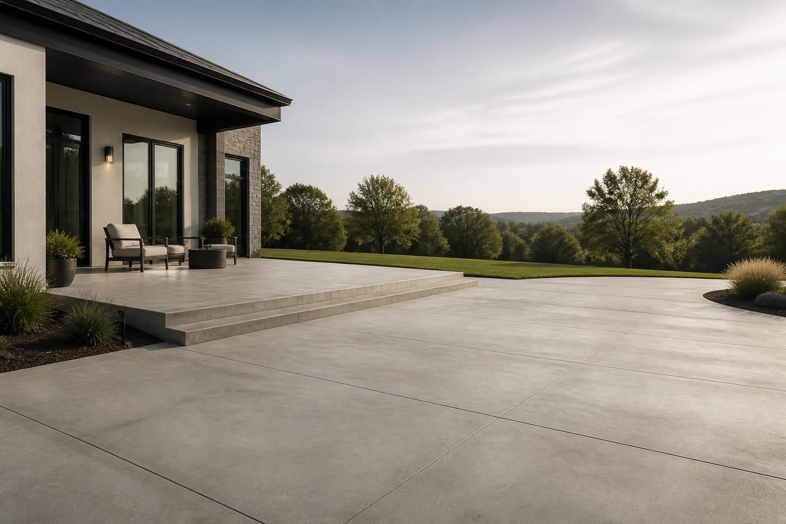 Finished concrete patio and driveway with open space for text.