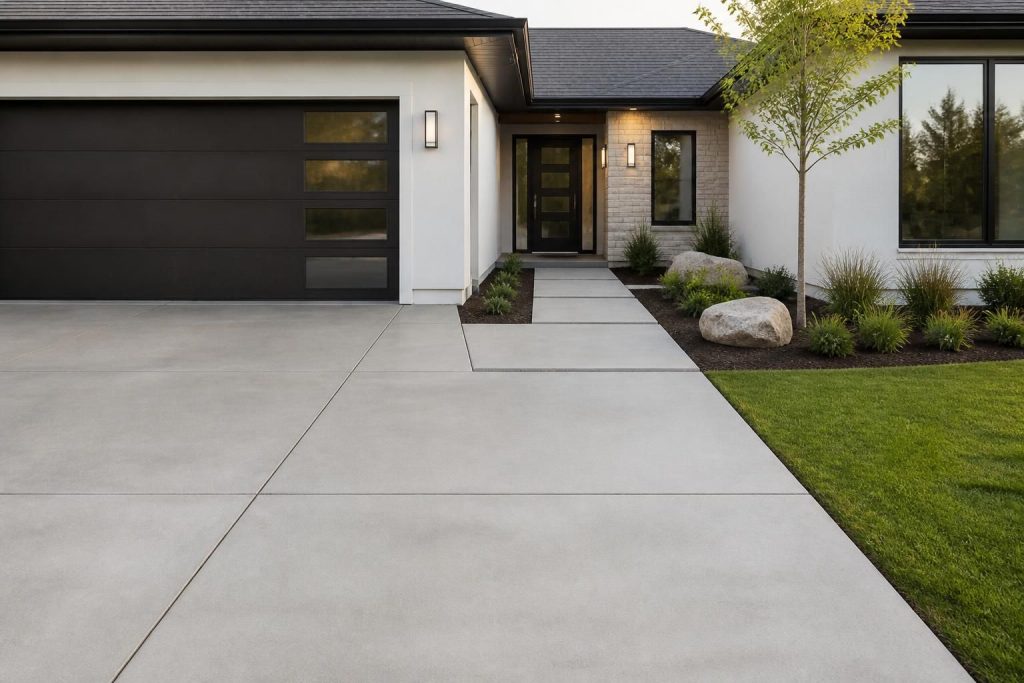 Finished concrete driveway leading to a modern home entrance.