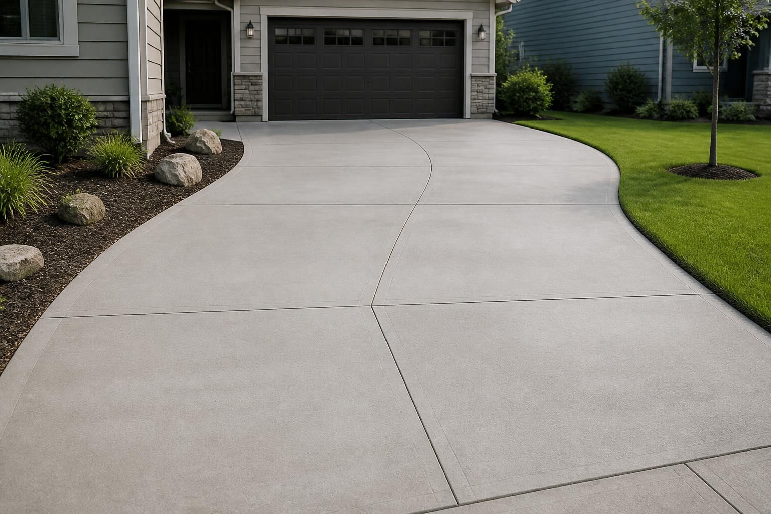 Smooth finished concrete driveway outside a home.