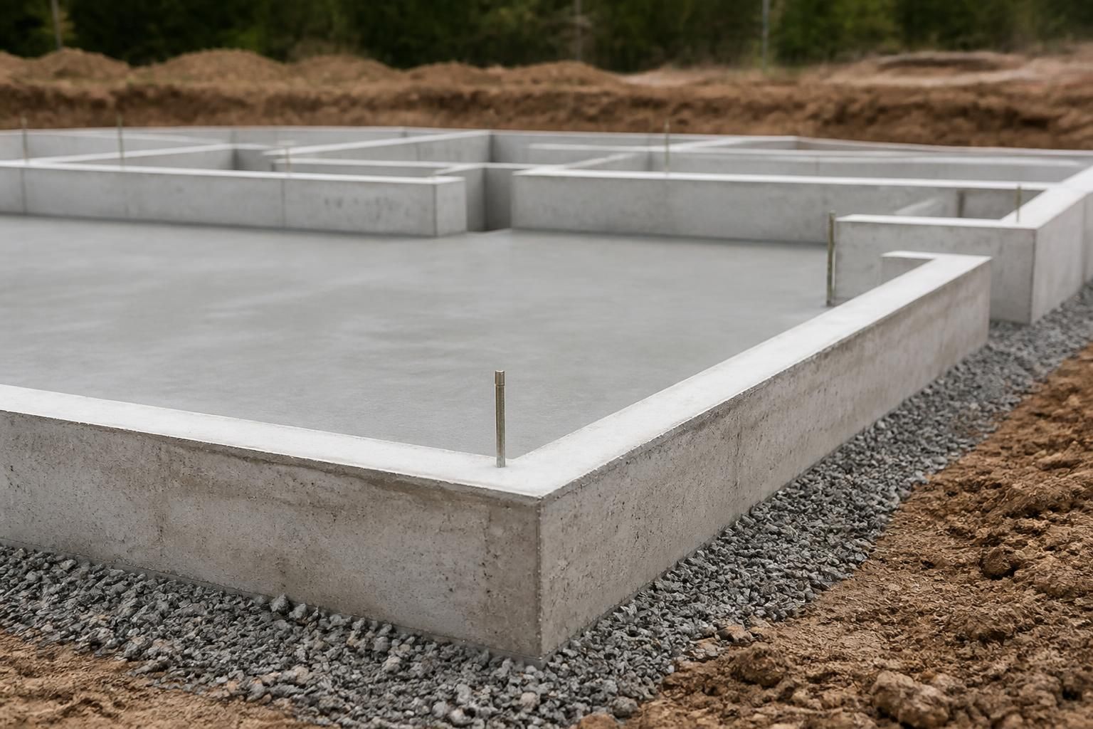 Fresh concrete foundation pour with clean formwork.