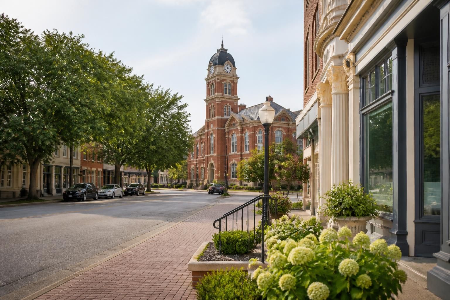 Historic city street with a clean sidewalk and buildings.