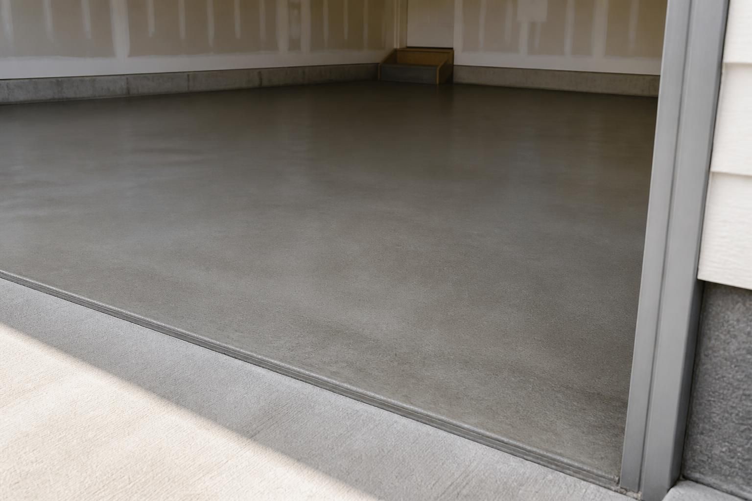 Fresh concrete garage slab in a clean build.