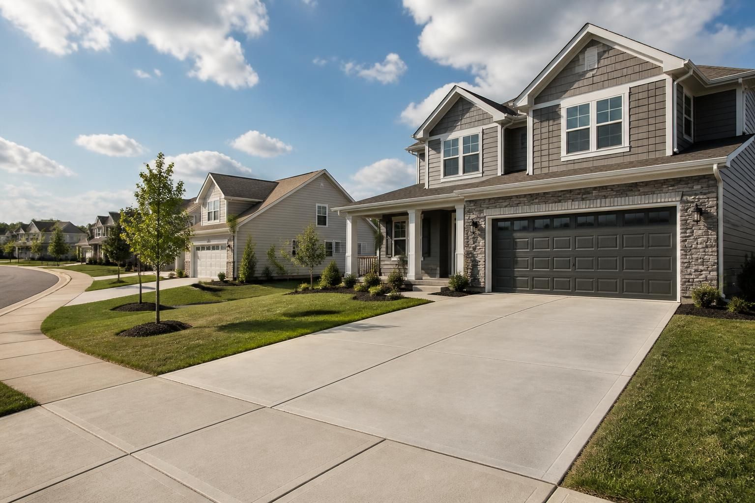 Suburban neighborhood with new homes and a clean driveway.