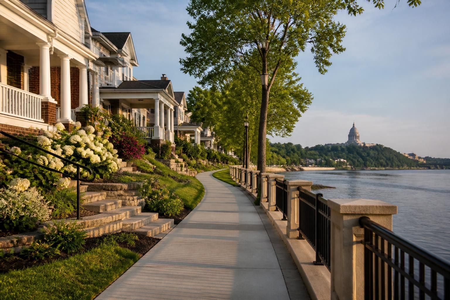Riverfront city neighborhood with homes and a clean walkway.