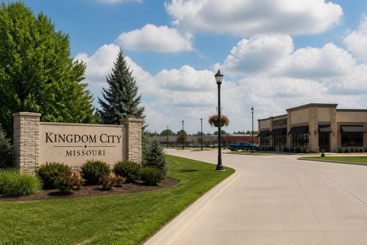 Roadside community scene with a clean concrete approach.