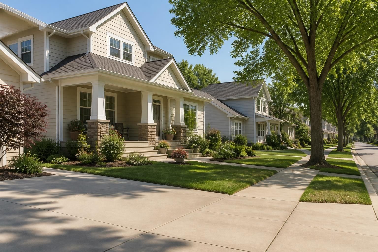 Neighborhood homes with a finished concrete driveway.