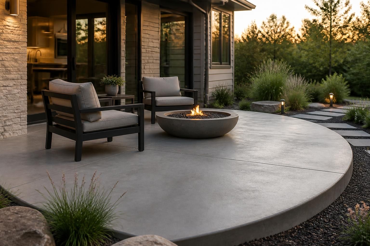 Finished concrete patio beside a home exterior.