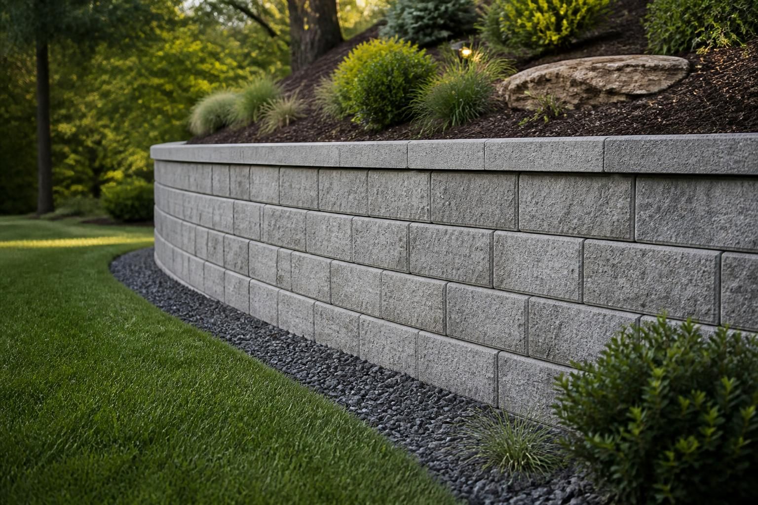 Finished concrete retaining wall in a landscaped yard.