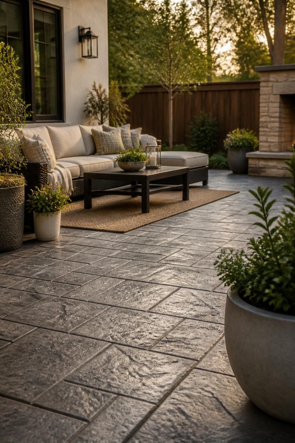 Stamped concrete patio with a clean outdoor living setup.