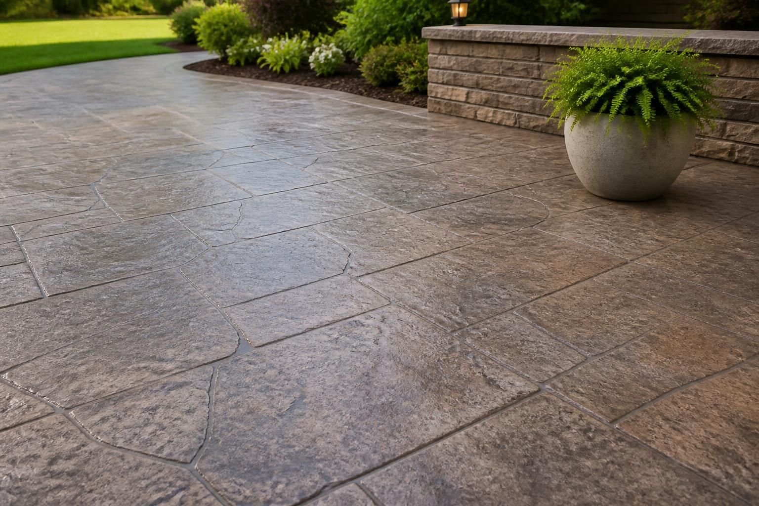Finished stamped concrete patio with subtle pattern.